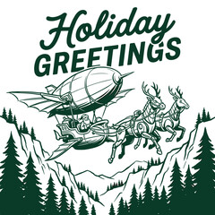 Steampunk Santa airship. Holiday greetings vintage design. Reindeer vector art. © pandu