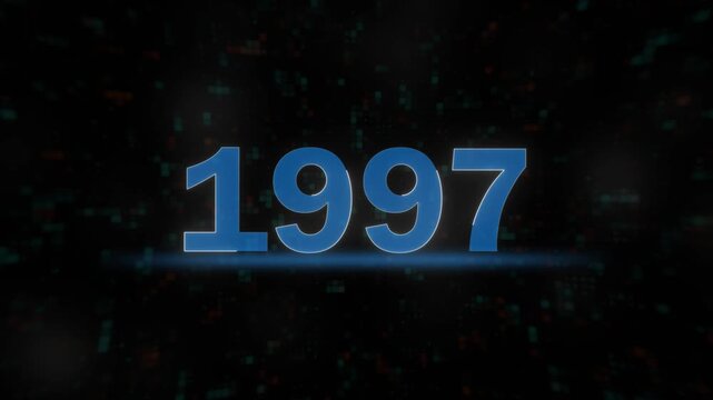 1997 blue neon text animation on black background. digital neon 1997 sign for retro anniversary projects.