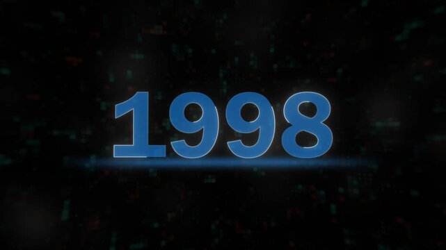 vintage 1998 text overlay animation blue glow. stylized 1998 blue digital number animation on dark background. minimalist 1998 year typography motion graphic design.