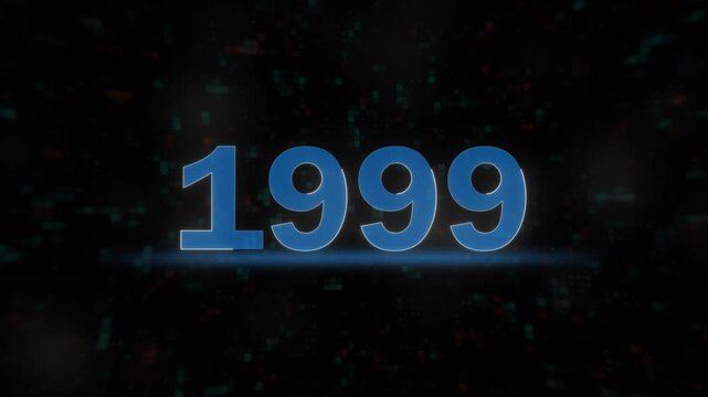 1999 year digital blue text animation on black background. nostalgic 1999 label motion graphics with blue neon effect.