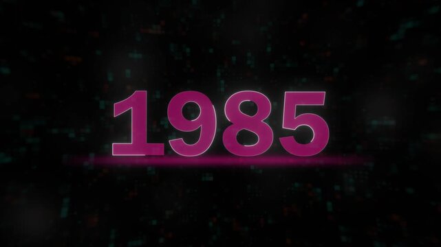 1985 year neon pink typography on black background motion graphic. retro 1985 glowing neon number animation for nostalgia themed content.
