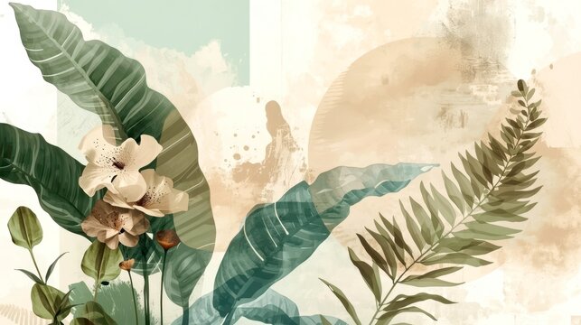 Tropical leaves sway softly in a dreamy watercolor scene