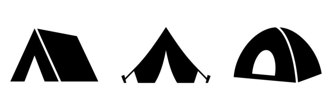 Camping tent icon set, black silhouette outdoor shelter symbols, minimalist 3 camping tents vector collection for travel maps
