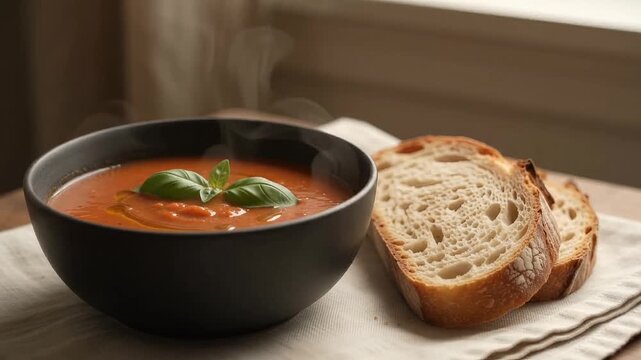 Steaming tomato soup in a black bowl with crusty artisan bread 