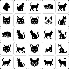 Obraz premium Black Cat Silhouette and Face Icon Vector Set