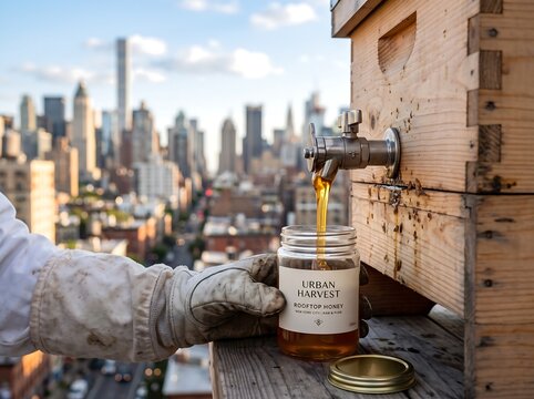 ia generated. Professional urban beekeeping on a city rooftop apiary featuring sustainable honey production and modern agriculture.

