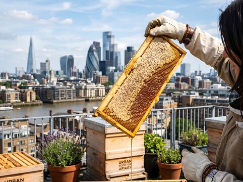 ia generated. Professional urban beekeeping on a city rooftop apiary featuring sustainable honey production and modern agriculture.


