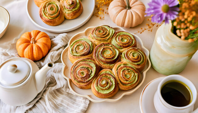 Creative food holiday template. Freshly baked Cinnamon roll bread buns with matcha cream cheese, with coffee teapot flowers pumpkins arranged on linen cloth white rustic background. copy text space