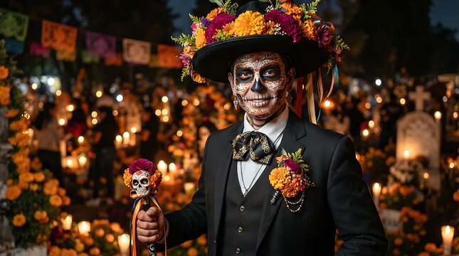 Man in Catrin costume with face paint and floral hat at a Day of the Dead celebration in a cemetery.