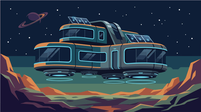 Futuristic levitating space home design featuring advanced modular architecture floating above a rocky alien landscape surface