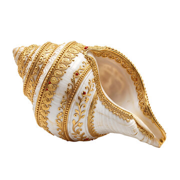 Ornate conch shell decorated with gold metal filigree with intricate gold on transparent background