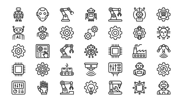 Robot and gear technology outline icon set for robotics automation and machine design