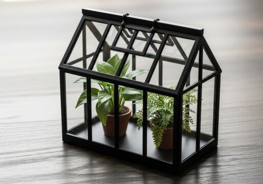Miniature black metal greenhouse displaying potted plants indoors