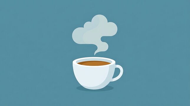A steaming white ceramic coffee cup centered against a solid dark blue background flat illustration with liquid emits stylized stylized cloud steam