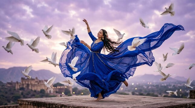 Young woman in a blue dress dancing with flying white pigeons outdoors