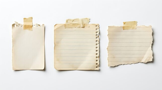 Three pieces of aged lined and blank paper attached with adhesive tape on white background with attached arranged horizontally horizontally against plain