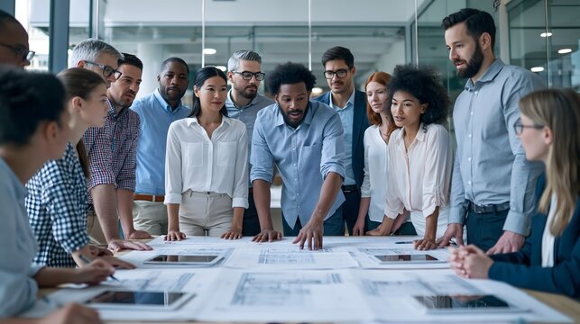 diverse real estate professionals brainstorming a property marketing campaign in a modern glass office, architectural plans and digital tablets on conference table, collaborative corporate