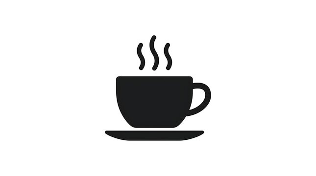 Black silhouette icon of a steaming cup of coffee on a small round saucer plate with graphic icon represents plain white background