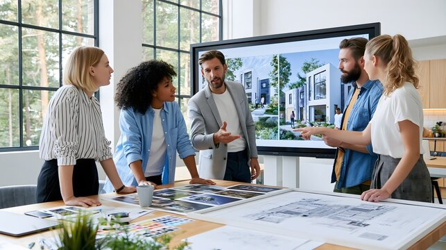 residential property marketing team reviewing a new housing development campaign, large screen showing modern homes, creative materials and architectural plans on table, bright contemporary office,