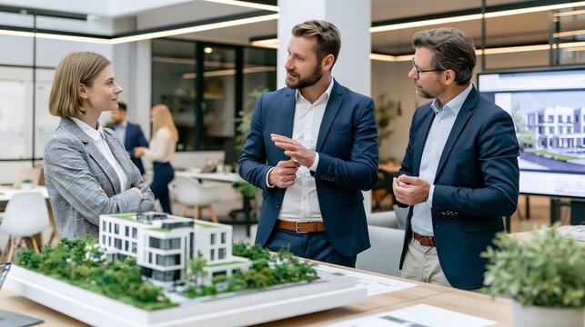 luxury property advertising concept, real estate professional presenting an upscale villa development to clients in a premium office showroom, architectural model and digital presentation screen,