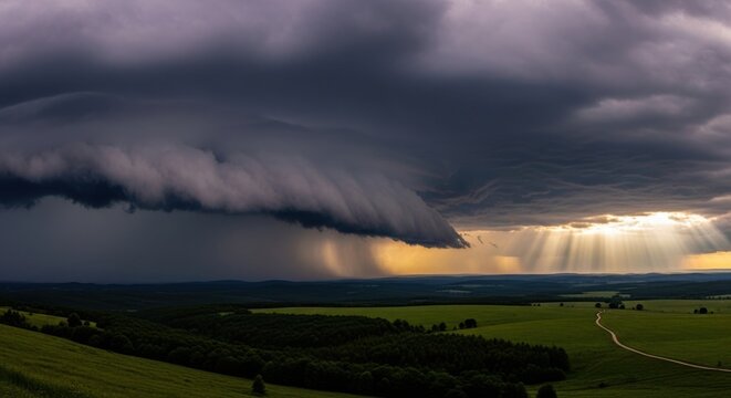 Dramatic supercell thunderstorm approaching over rural landscape with sunbeams