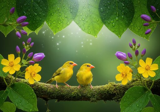 Two bright yellow birds perched on a mossy branch surrounded by vibrant flowers and lush green foliage