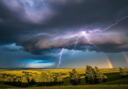 Dramatic lightning strikes illuminate stormy skies over rolling hills with a rainbow