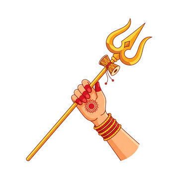 Hand holding a golden trident with a drum with attached shaft transparent on transparent background