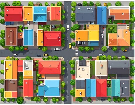 Top down vector map of a colorful suburban neighborhood with houses, roofs, and cars for urban planning concepts.