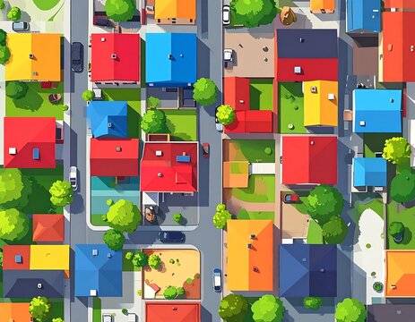 Top view of a colorful suburban neighborhood with flat vector houses, cars, and trees, ideal for urban planning and real estate design projects.