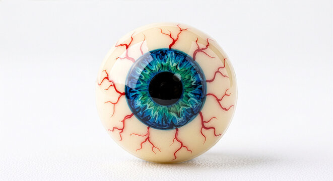 Artificial Eye Detail: A close-up macro shot of a realistic artificial eye, showcasing its intricate blue iris, dark pupil, and delicate red veins against a clean backdrop.