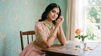 Fototapeta premium Young Indian woman in traditional pink lehenga sitting at a table