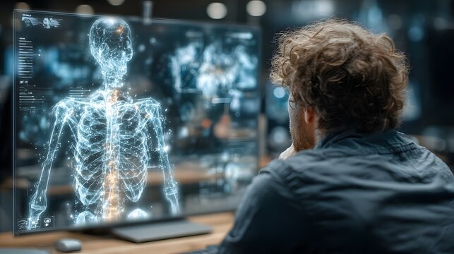 Young professional attending corporate training with an AI hologram tutor, modern office classroom, evening lighting, digital learning concept