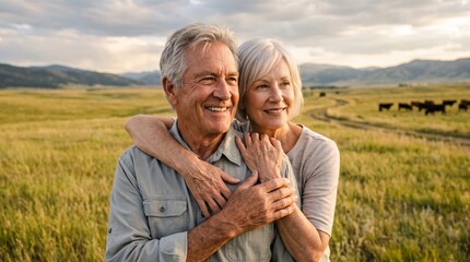 Fototapeta premium Elderly couple embracing each other while standing in a grassy meadow during a golden hour sunset