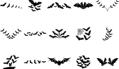 Fototapeta premium Collection of black halloween bat silhouettes against a white background 