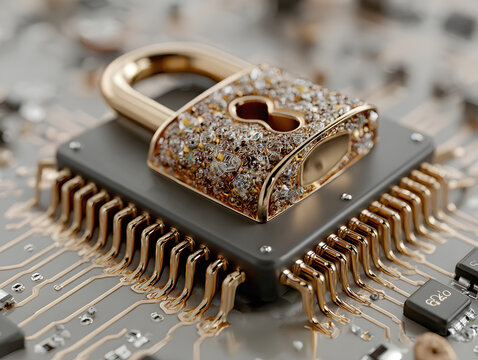Computer chip with integrated security padlock, cybersecurity hardware concept, clean 3D render, isolated light background