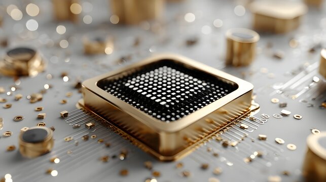 Golden computer chip floating above binary code particles, minimalist 3D technology concept, clean white background, isolated composition