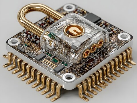 Computer chip with integrated security padlock, cybersecurity hardware concept, clean 3D render, isolated light background