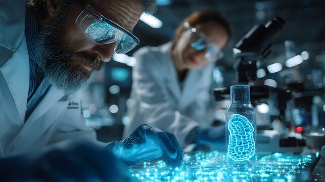 Medical researchers examining a holographic 3D human intestine in a modern laboratory, gut health research, advanced medical technology