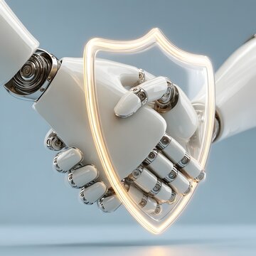 Robot hand shaking human hand beneath a glowing shield, AI mental health support and technology concept, minimalist 3D icon