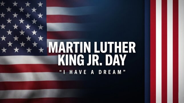 Martin Luther King Jr Day commemorative graphic with American flag background and I Have A Dream text