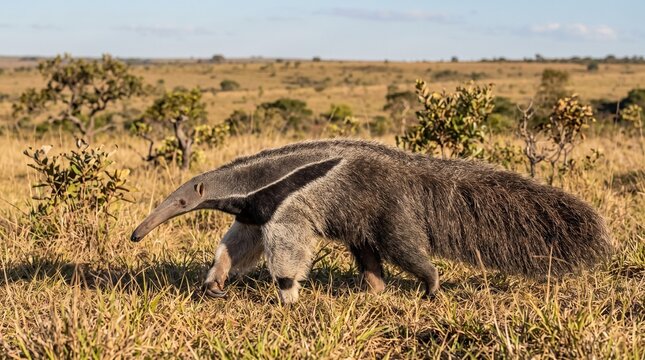 Giant anteater walking through Brazilian savanna grassland