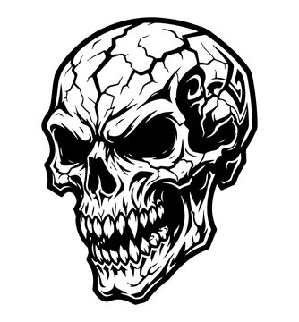 Black and white illustration of a scary cracked human skull head