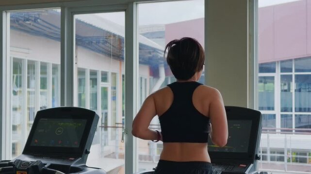 Rear view of an active Asian woman in her forties wearing a black sports bra while running on a treadmill. She exercises in a modern gym, looking out large windows during her daily cardio workout.