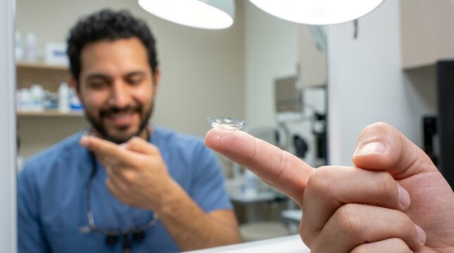 Healthcare professional demonstrating soft contact lens handling on finger in clinical exam room with daylight lighting