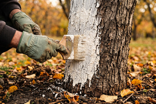 Gardener in gloves applying white lime protective paint to a tree trunk with a brush in an autumn garden