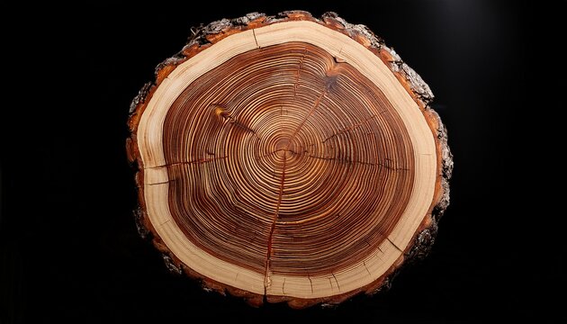 Tree Stump Cross Section Showing Annual Growth Rings And Bark Texture Isolated On Black Background