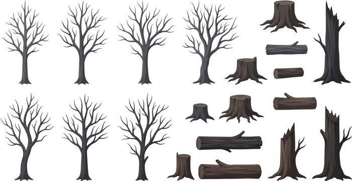 Black and White Tree Stumps Woodland Silhouette Elements Collection Set