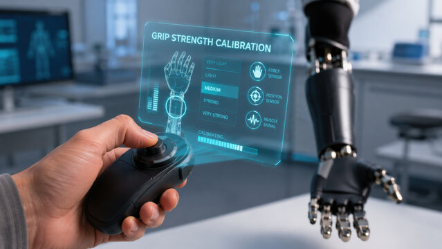 Grip strength calibration hologram with prosthetic arm and hand controller in clinical laboratory setting for medical technology