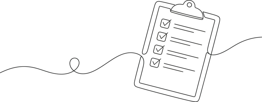 Continuous single line drawing of a clipboard with checklist task list line art todo list check mark white